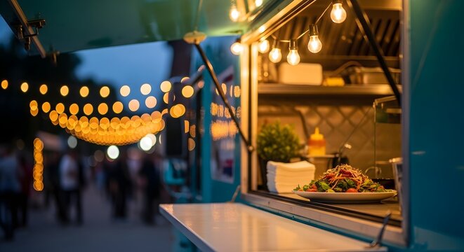 A Delightful Food Truck Offering Fresh Salads and Outdoor Dining Under String Lights at Dusk