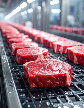 Rows of raw beef steaks processed on a conveyor belt. Rows 79