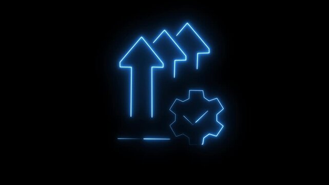 A vibrant colorful neon vector icon depicting three ascending arrows signifying progress and growth alongside a gear with a checkmark, indicating optimized successful settings.