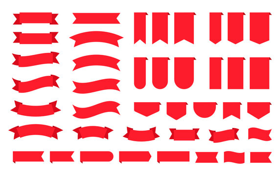 Red ribbons. Price tag product labels. Set discount promo stickers. Scarlet callouts and pennants. Collection shapes isolated on white background. Vector illustration. Flat design.