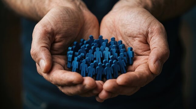 Cupped hands gently holding a large group of dark blue stylized human figures representing community with community