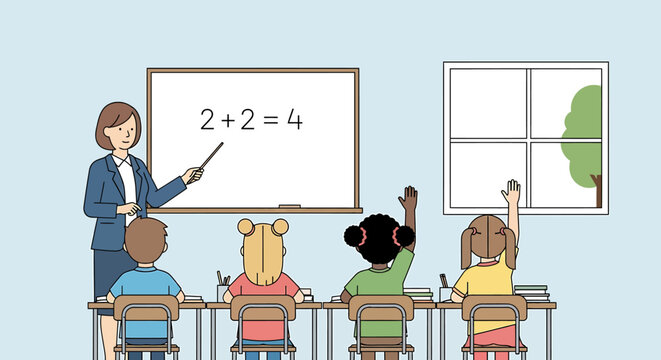 A teacher points to a math problem on a whiteboard while students raise their hands in a classroom.