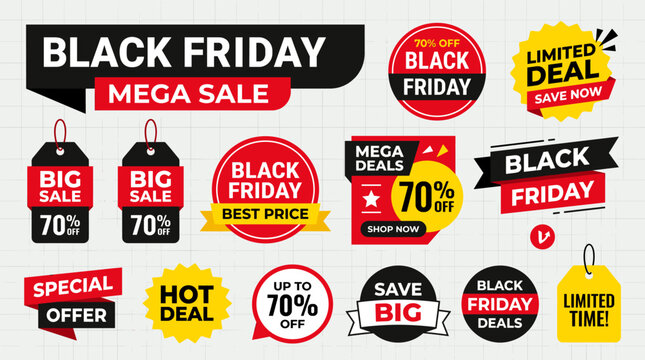 High impact Black Friday badge collection featuring discount labels, promo tags, and sale stickers in bold flat vector style.