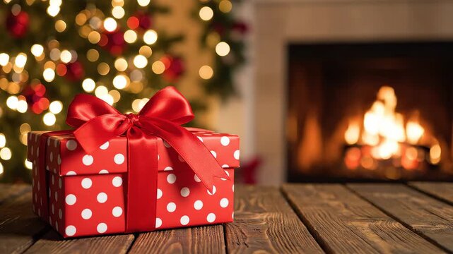 Red gift box with white polka dots on wooden table highlighting environmental conservation and serenity