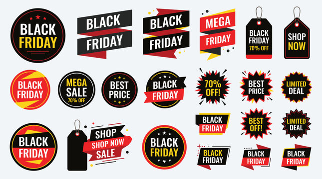 Black Friday Sale Badges Flat Vector Mega Discount Set