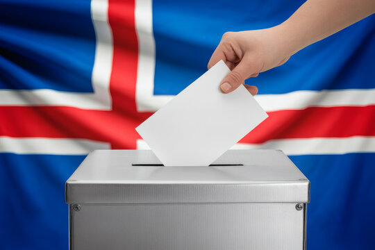 Active citizen casting ballot in Iceland election with Icelandic flag backdrop for a democratic future and civic participation themes