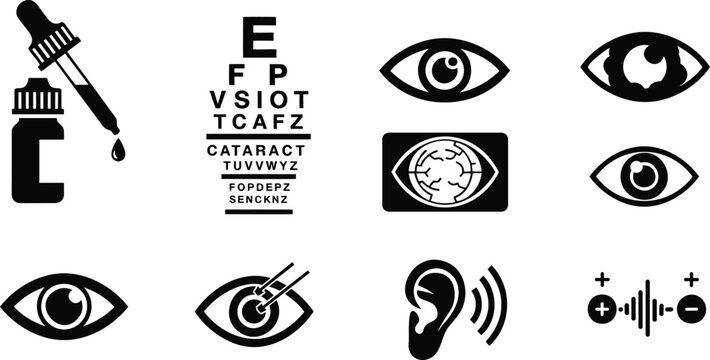 Ocular medical treatment vector silhouette illustration line art set for eye care clinic.