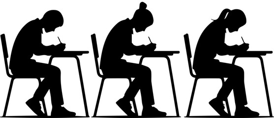 Silhouette of Three Students Sitting at Desks and Writing During an Exam Vector Graphic © Rezowan 