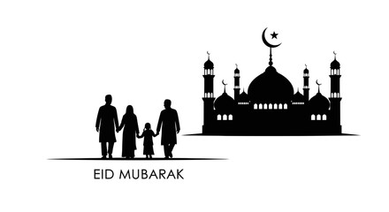 Eid Mubarak, Islamic holiday greeting, mosque silhouette, family celebration vector eps silhouette © Mariajahan