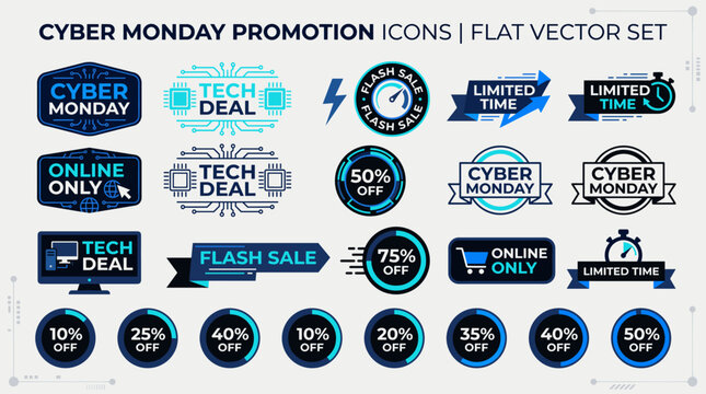 Cyber Monday Tech Sale Badges Flat Vector Collection