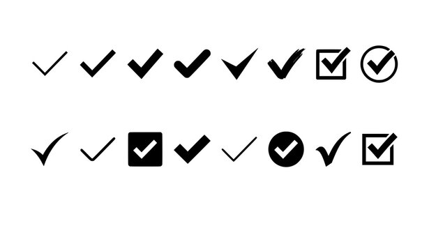 Check mark icon set vector with tick confirm symbols in various styles isolated on white background
