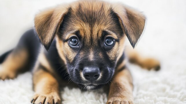 Cute puppy lying on fluffy surface with curious expression during indoor playtime in a cozy home