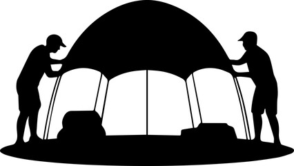 Black Silhouette Illustration of Two Men Setting Up a Large Camping Tent for Outdoor Adventure © Rezowan 