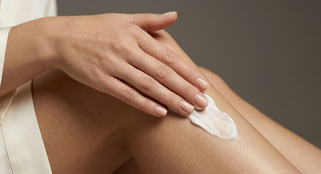 Woman applying skincare cream spreading on dry thighs and legs, close up detail. Skin care daily routine lifestyle concept.