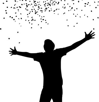 Silhouette of a happy man celebrating with outstretched arms and falling confetti on white background