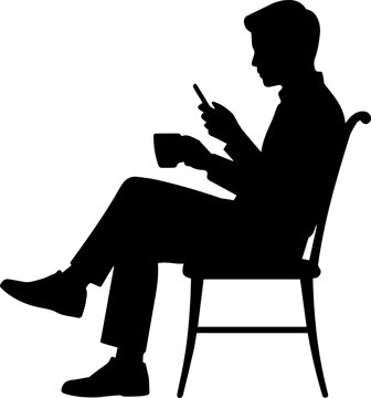 Black Silhouette of a Man Sitting on a Chair Using a Smartphone and Holding a Coffee Cup