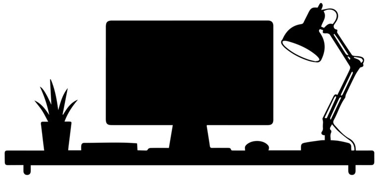 Black silhouette of a modern workspace with computer monitor desk lamp and potted plant on a desk isolated on white background