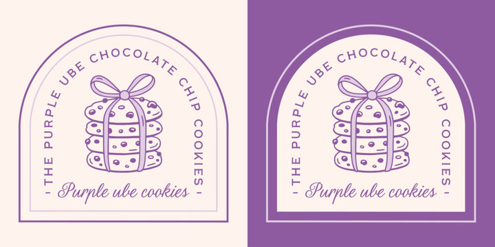 Ube white chocolate chip cookies flavor label logo purple yam sweet potato sticker bakery style packaging design. Homemade soft cookie stack with bow drawing aesthetic doodle illustration text print.