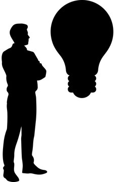 Black silhouette of a man standing and looking at a large light bulb symbol of idea and innovation on white background