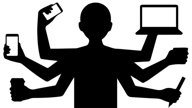 Silhouette of a Multitasking Professional with Multiple Arms Holding Laptop Smartphone Coffee Cup and Pen for Productivity Concept
