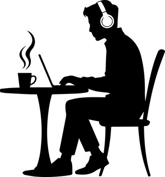 Silhouette of a Man Working on a Laptop with Headphones and a Cup of Hot Coffee at a Table