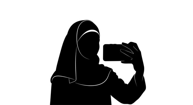 Eid selfe,Black silhouette woman taking photo, mobile phone user, vector icon, modern minimalist design vector eps silhouette