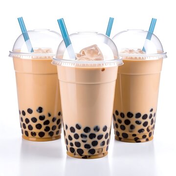 Three refreshing beverages are presented. Each has a transparent cup, filled with a creamy drink, ice cubes, and blue straws. Black balls are visible