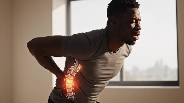 Man holding back in pain with spine highlighted symbolizing the intersection of biology and technology