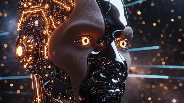 Cyborg head with glowing circuits in space symbolizing digital transformation and future innovation