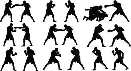 Professional MMA and Boxing Silhouette Set Featuring Athletes in Dynamic Sparring, Grappling, and Striking Poses for Combat Sports, Fitness Gyms, and Martial Arts Graphic DesignsProfessional MMA and B © Sonjoy