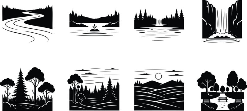 Natural landscape vector silhouette illustration set, line art of rivers lakes mountains forests.
