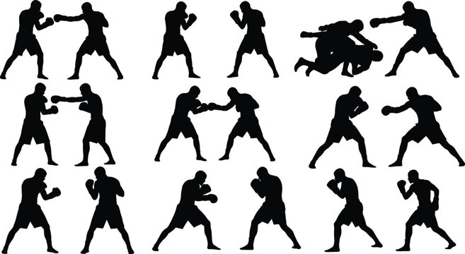 Professional MMA and Boxing Silhouette Set Featuring Athletes in Dynamic Sparring, Grappling, and Striking Poses for Combat Sports, Fitness Gyms, and Martial Arts Graphic DesignsProfessional MMA and B