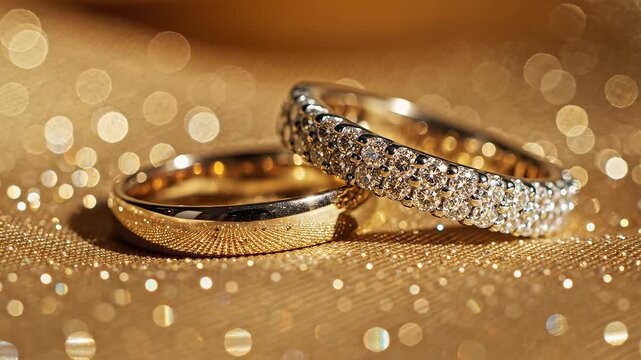 Two wedding rings on golden surface emphasizing modern aesthetics and minimalist design