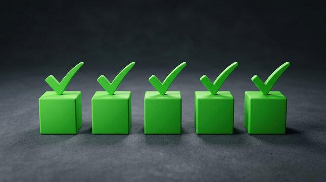 Five green cubes with checkmark icons representing success completion and quality assurance checkmark completion