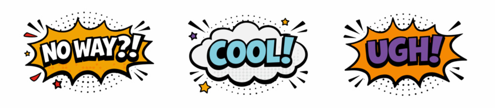Set of three comic speech bubbles on white background: No Way in orange, Cool in white-blue, Ugh in purple-orange. Pop art retro style with bold text, halftone dots and stars.