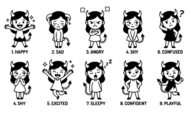 Monochrome devil girl cartoon characters circular composition with copy space cute playful vector illustration collection