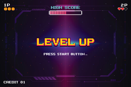 LEVEL UP. pixel art 8 bit. Retro Futurism Sci-Fi Background. glowing neon grid and star from vintage arcade computer games