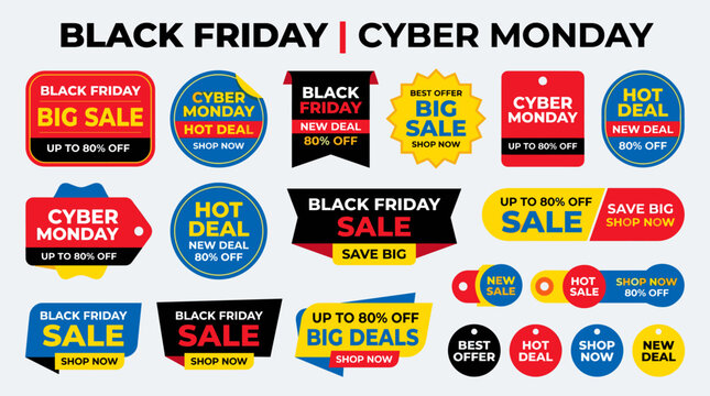 Complete sale badge set combining Black Friday and Cyber Monday promotions.