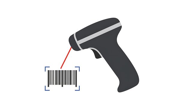Modern handheld barcode scanner reading a product label icon.