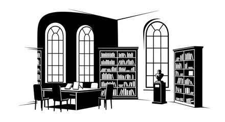Library interior, black and white illustration, bookshelves and study area, office decor, vector graphic © PRITOMKUMARSEN