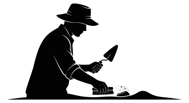 Gardener silhouette, man planting, shovel and soil, landscaping vector, gardening icon isolated on White Background