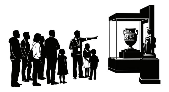 Silhouette people viewing trophy, museum exhibit, display case, black icons, vector graphics