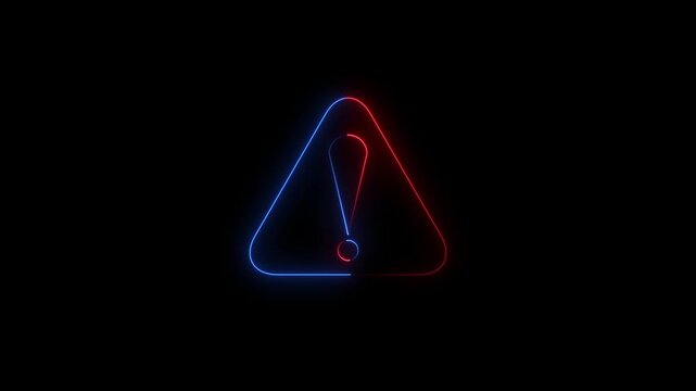 Glowing neon line Exclamation mark in triangle icon isolated on black background. danger warning important sign. K Video.