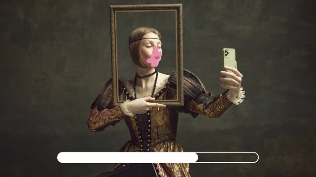 Woman in historical costume taking selfie with frame and bubble gum with loading bar. Concept of social media content, self expression animation, profile update, digital identity and playful portrait.