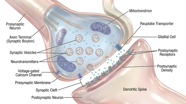 Neuronal synapse cross‑section showing axon terminal packed with vesicles, mitochondria and calcium channels releasing transmitter across the cleft to postsynaptic receptors on a dendritic spine, with