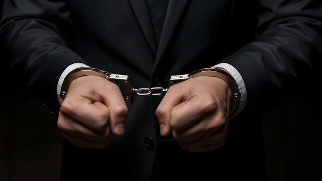 Man in a crisp dark suit stands with hands firmly secured by metal handcuffs, depicting themes of arrest, legal consequences, or serious corporate misconduct.