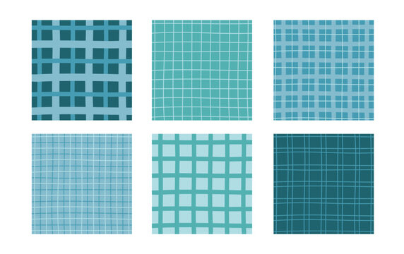 Seamless grid pattern set. Blue hand drawn checkered background collection