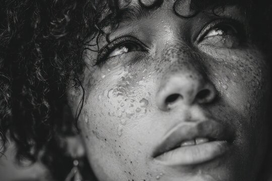 Intimate Black and White Portrait of Woman with Freckles Glistening wi