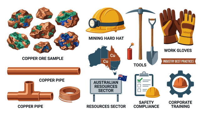 A comprehensive set of copper mining industry icons showcasing raw ore, essential tools and safety equipment.
