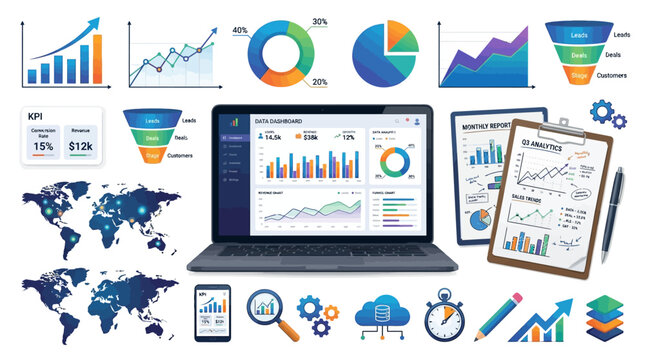 Modern laptop screen displaying interactive data dashboard analytics surrounded by various financial charts and marketing reports